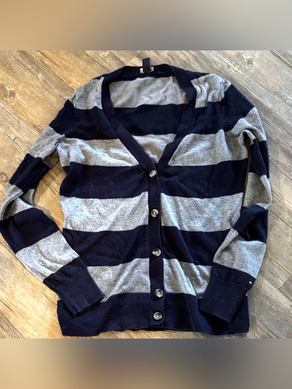 Tommy Hilfiger navy and gray horizontal striped cardigan sweater size small